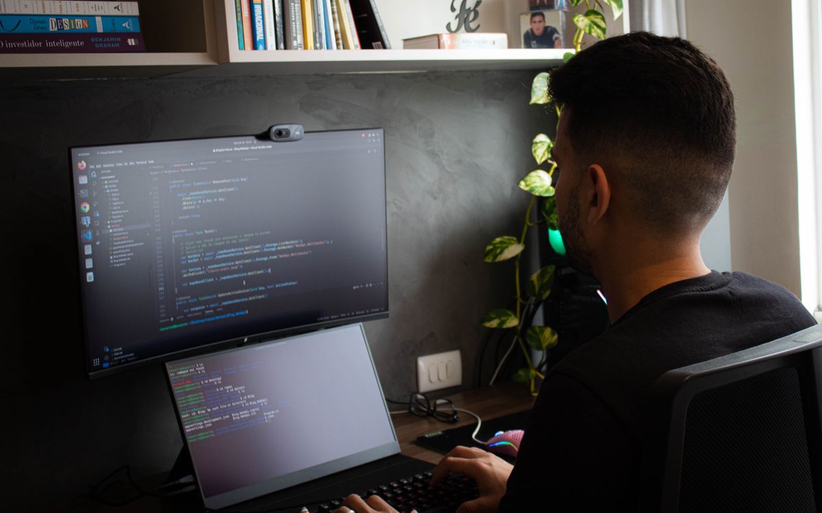 A developer at a monitor in a Nottingham office