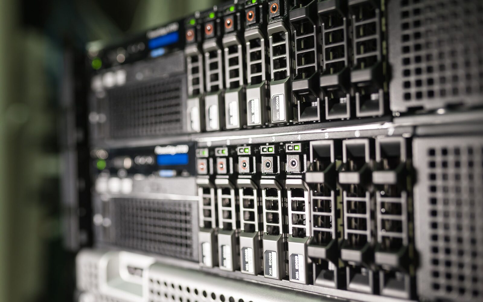 The front panels of rack-mounted servers